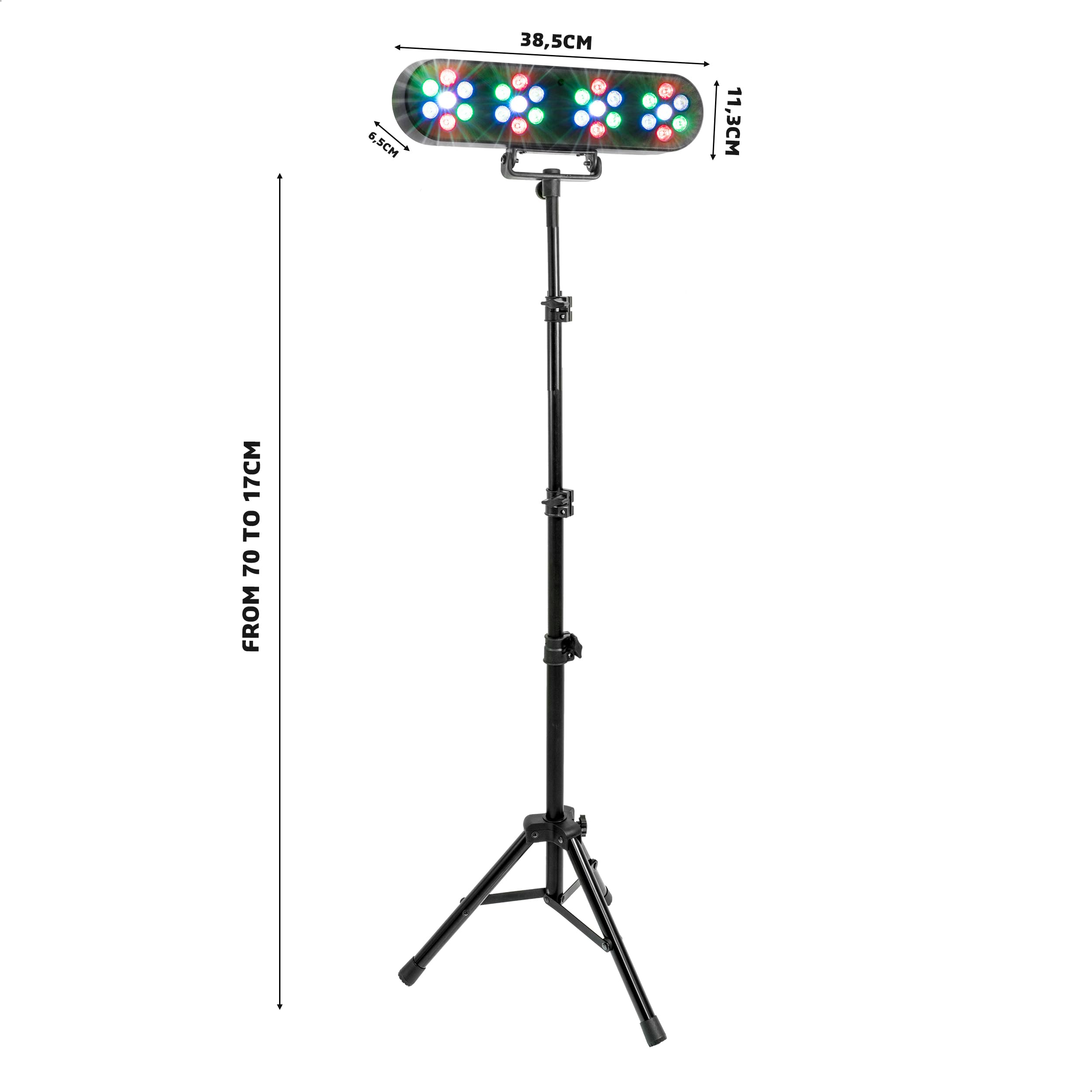 Party Light & Sound - FUNLED - Spettacolo di luci con 4 effetti su stativo telescopico - 4 PAR di 7 LED da 1 W ciascuno - Telecomando - Effetto strobo - Stativo incluso con altezza regolabile