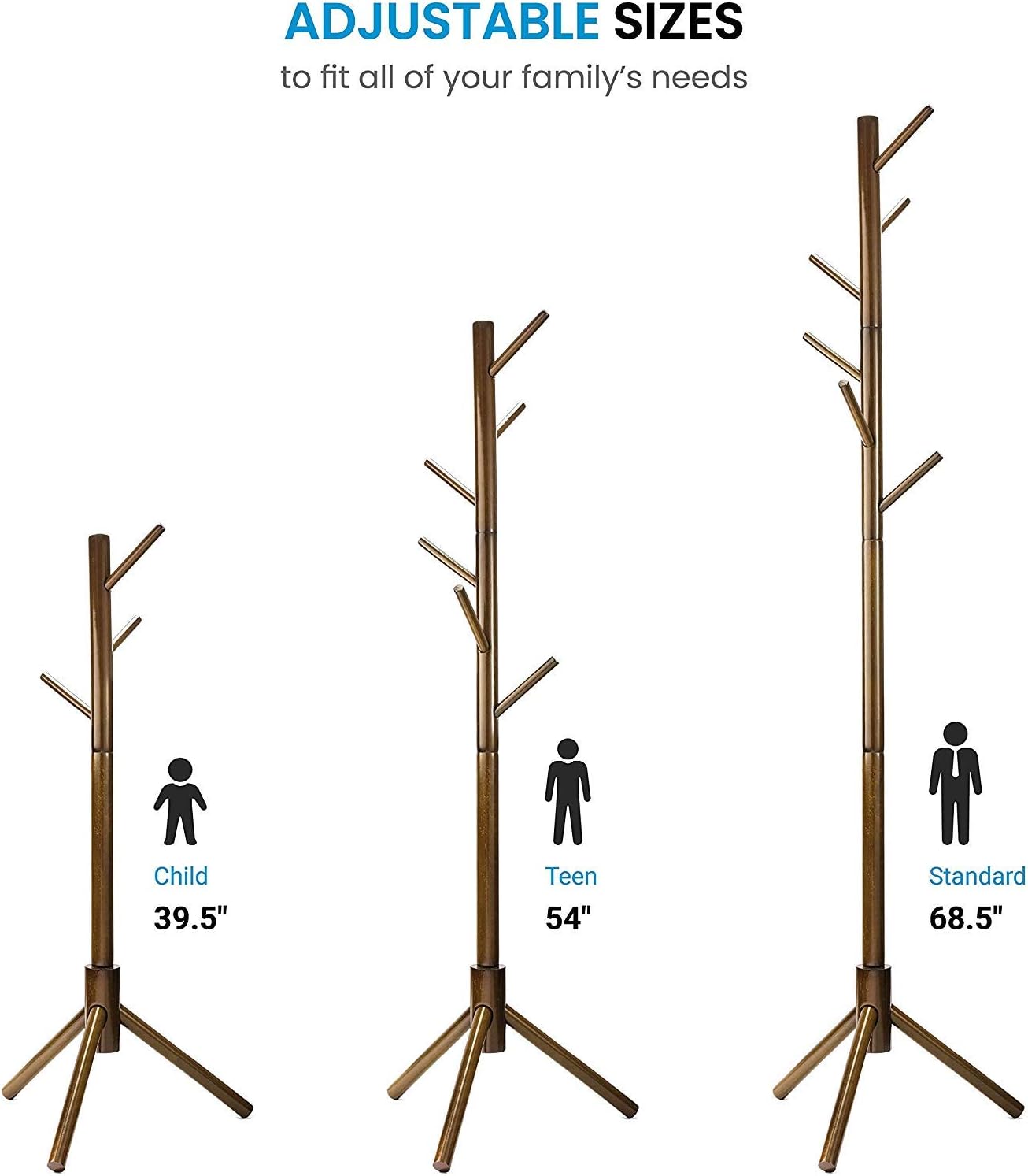 High-Grade Wooden Tree Coat Rack Stand, 6 Hooks - Super Easy Assembly NO Tools Required - 3 Adjustable Sizes Free Standing Coat Rack, Hallway/Entryway Coat Hanger Stand for Clothes, Suits, Accessories : Home & Kitchen