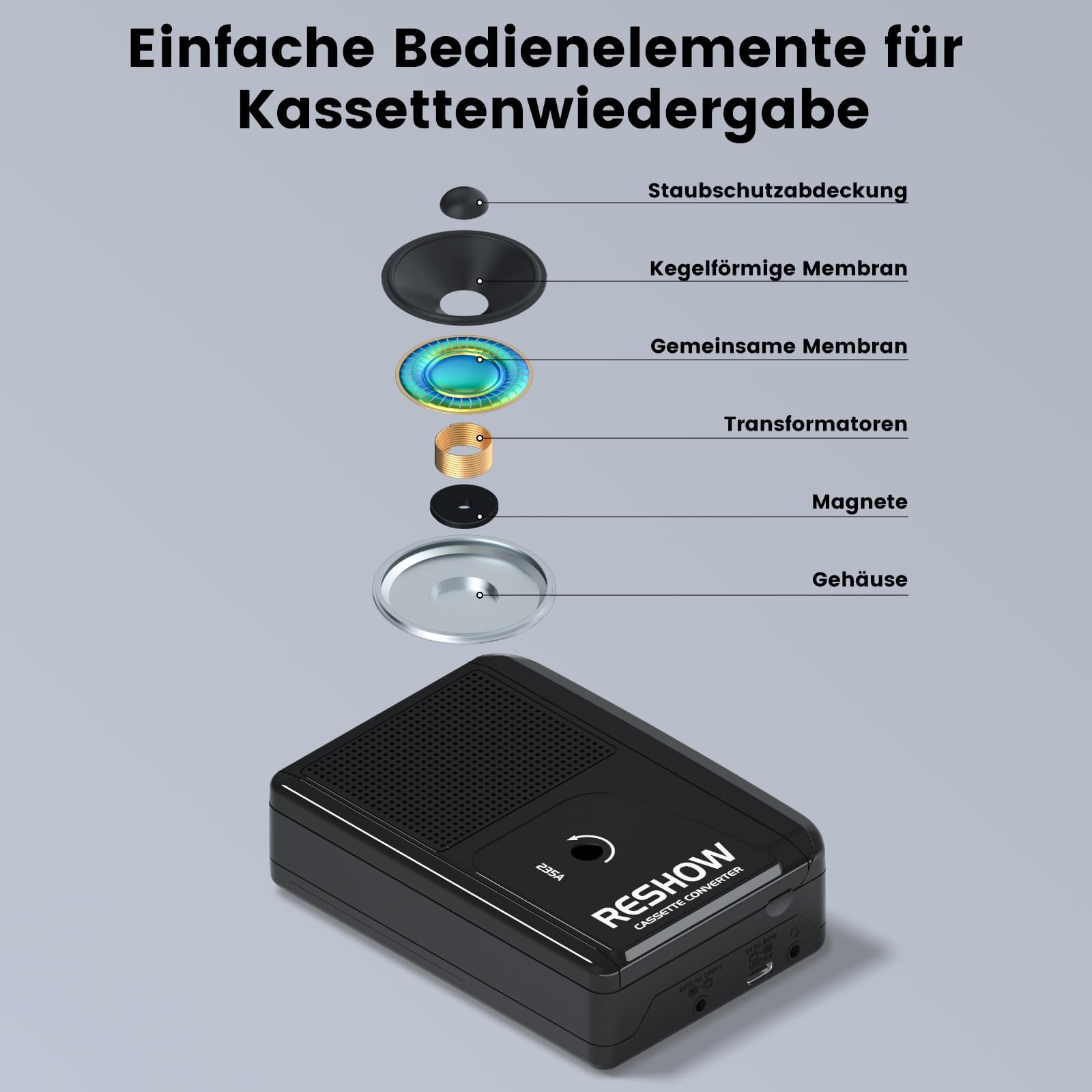Reshow Kassettenspieler tragbar, USB Kassette zu MP3 Konverter, eingebautes Mikrofon & Lautsprecher, umgekehrte Aufnahme auf Band, Kassettenrecorder mit Kopfhörer Schwarz