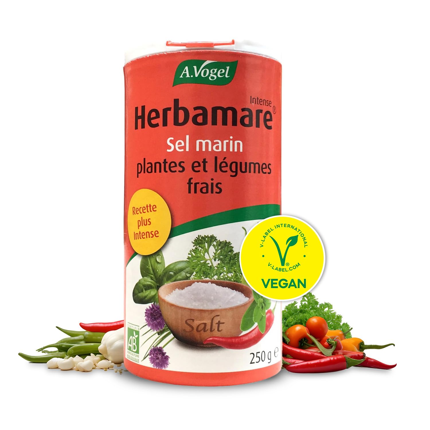 A.​VOGEL Herbamare Intense – Mélange de sel marin, légumes et herbes fraiches - Assaisonnement sain, bio & vegan – Actifs végétaux – Exhausteur de goût, savoureux & fabriqué en France -​250 g
