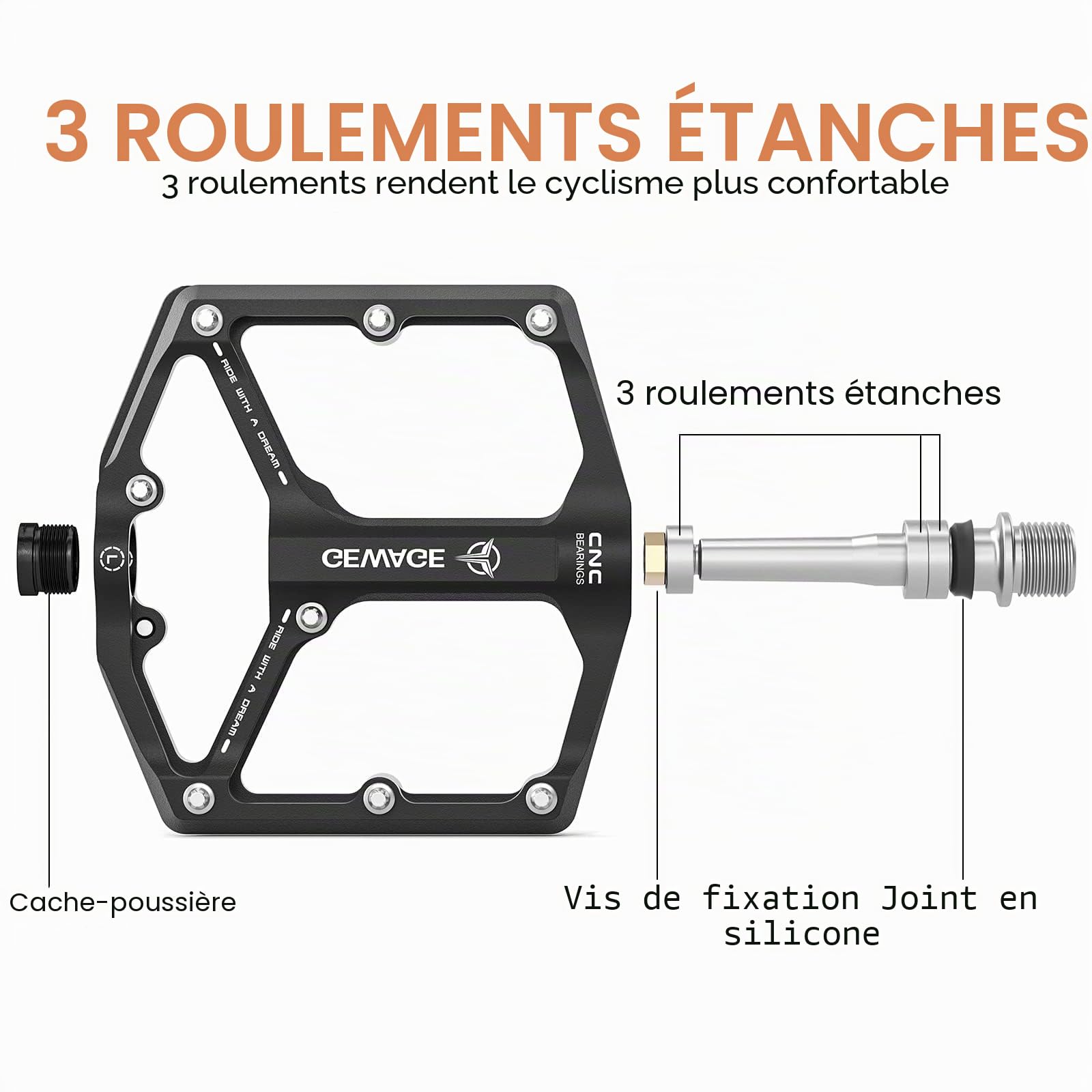 GEWAGE Pédales de vélo Route Montagne 3 roulements Plates usinées CNC 9/16" Clous antidérapants Amovibles