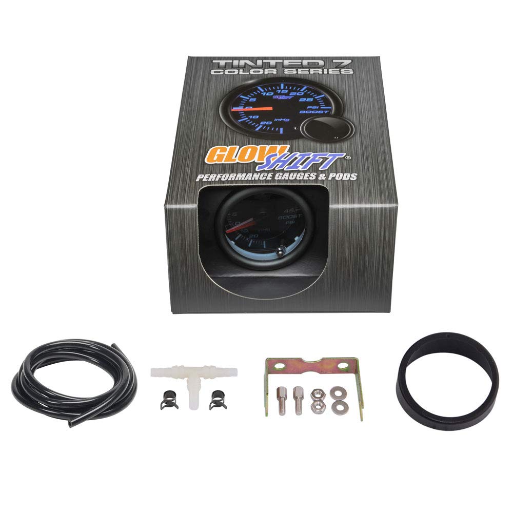 GlowShift Tinted 7 Color 45 PSI Turbo Boost/Vacuum Gauge Kit - Includes Mechanical Hose & T-Fitting - Black Dial - Smoked Lens - for Cars - 2-1/16" 52mm