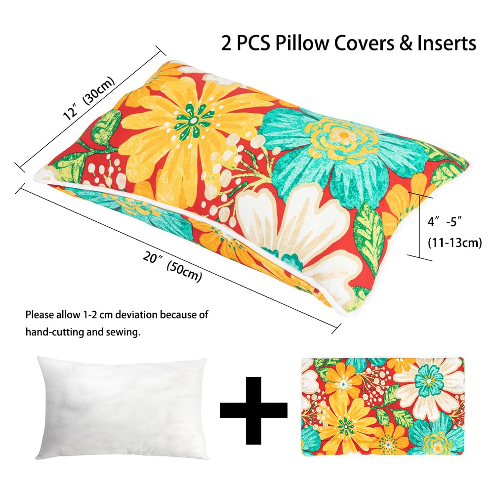 Magpie Fabrics Pack of 2 Outdoor Waterproof Lumbar Rectangular Throw Pillow with Insert 12x20 Inch, Home Decorative Toss Cushion for Patio Garden Car Office (Embry Red Hibiscus)