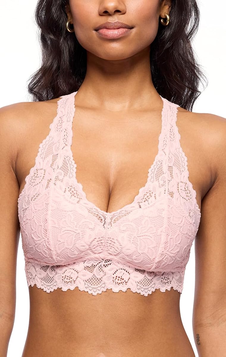 JENNY JEN Mia Racerback Lace Bralette for Women | Ultra Soft Nylon & Spandex Lace, Wireless Bra, Unlined & Unpadded, Plunging Neckline, Thick Straps with Wide Bottom Band