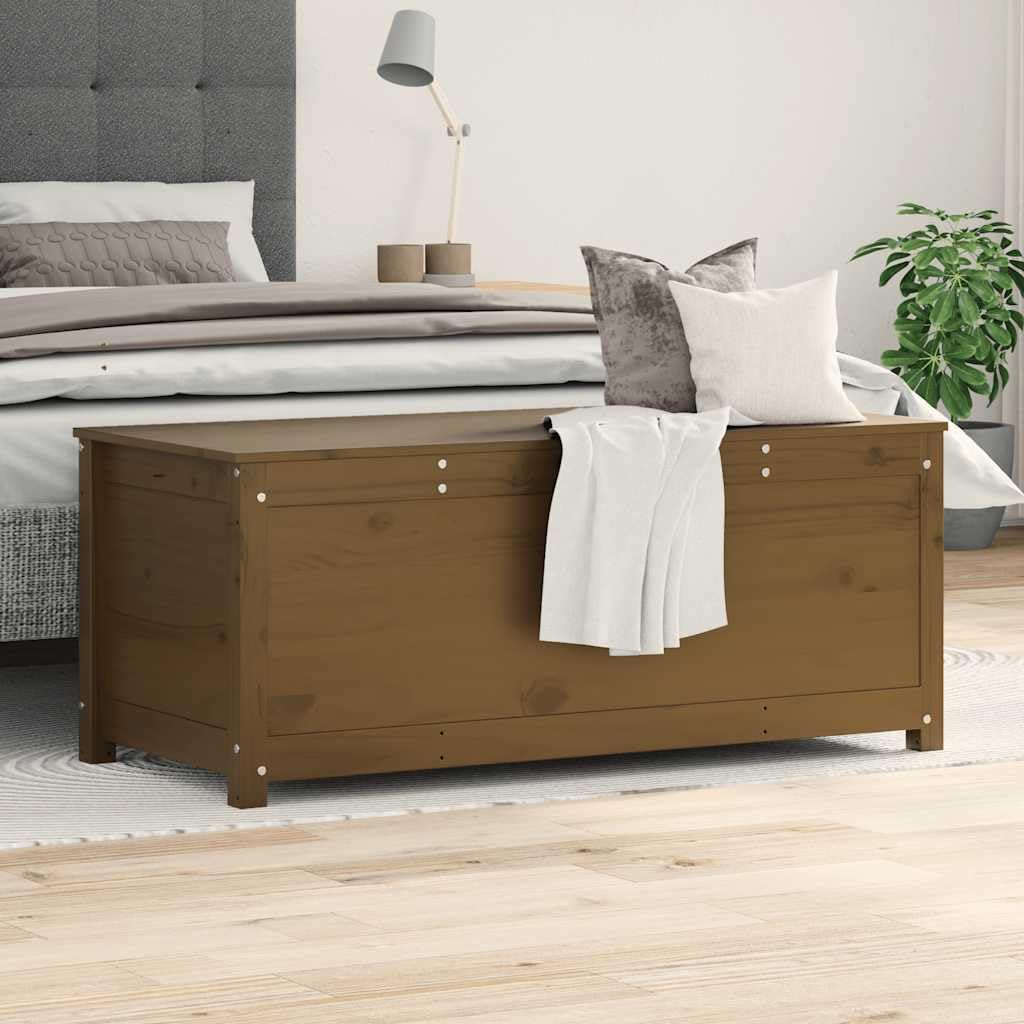 Baúl de pino macizo marrón miel 110 x 50 x 45,5 cm con muelle de gas gran espacio de almacenamiento para salón, dormitorio, pasillo, almacenamiento versátil y orden