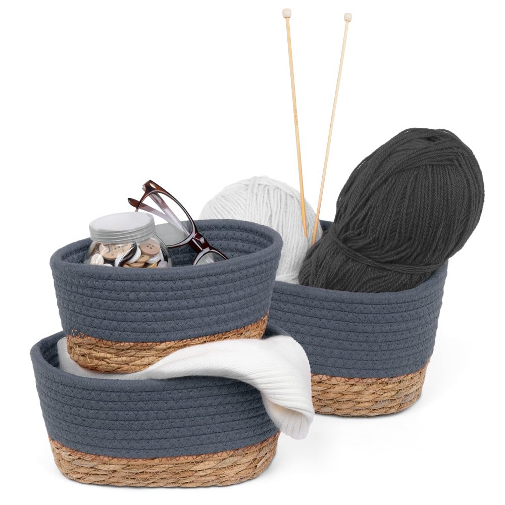 Livivo Slate Tulla Seagrass Shelf Storage Baskets - 3-Piece Stackable Set, Decorative Rope Design, Versatile Home Organiser Bin For Living Room, Bedroom, Office, Bathroom, Underbed (Slate)