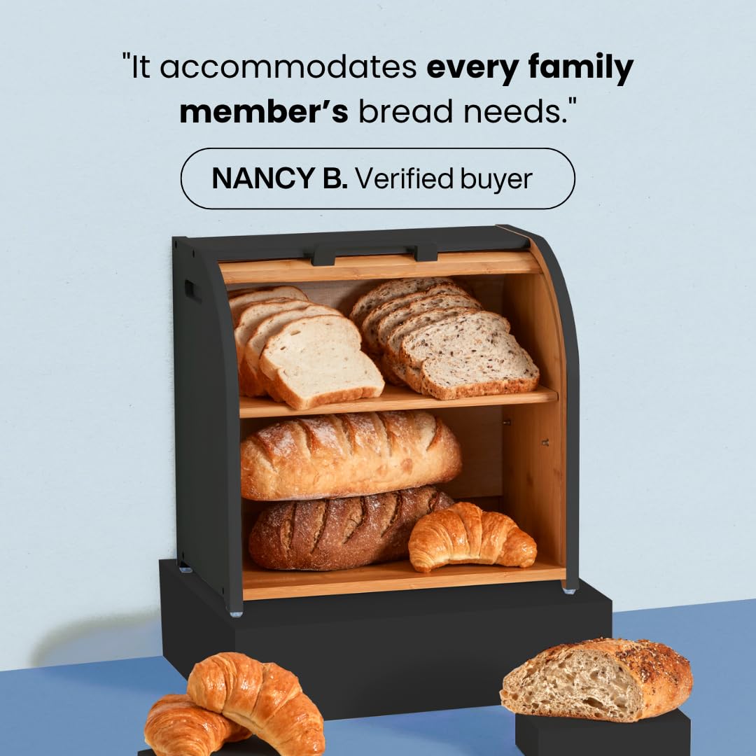 FULLY - Panera de bambú de doble capa para encimera de cocina, madera enrollable, almacenamiento extra grande, contenedor de madera moderno (negro)