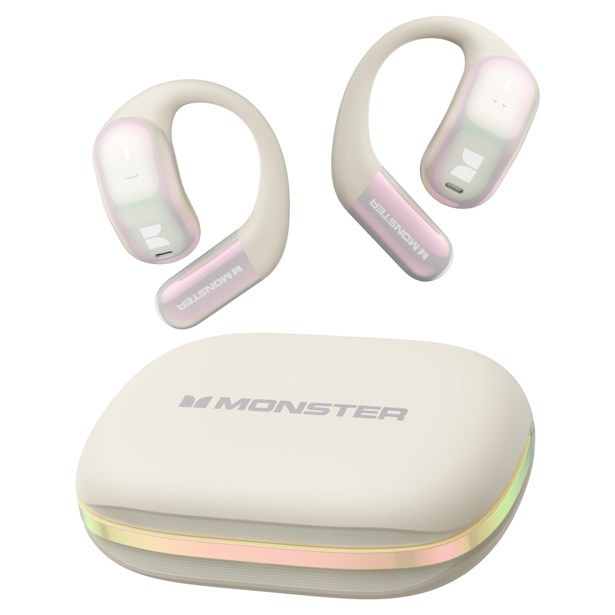 Monster Open Ear AC326 Headphones, Bluetooth 6.0 Wireless Earbuds with Dual-Mic Clear Calls, Air Conduction Headphones with Ear Hooks, Spatial Audio, Snug Fit, 35H Playtime, IPX5 for Sports, Off-white