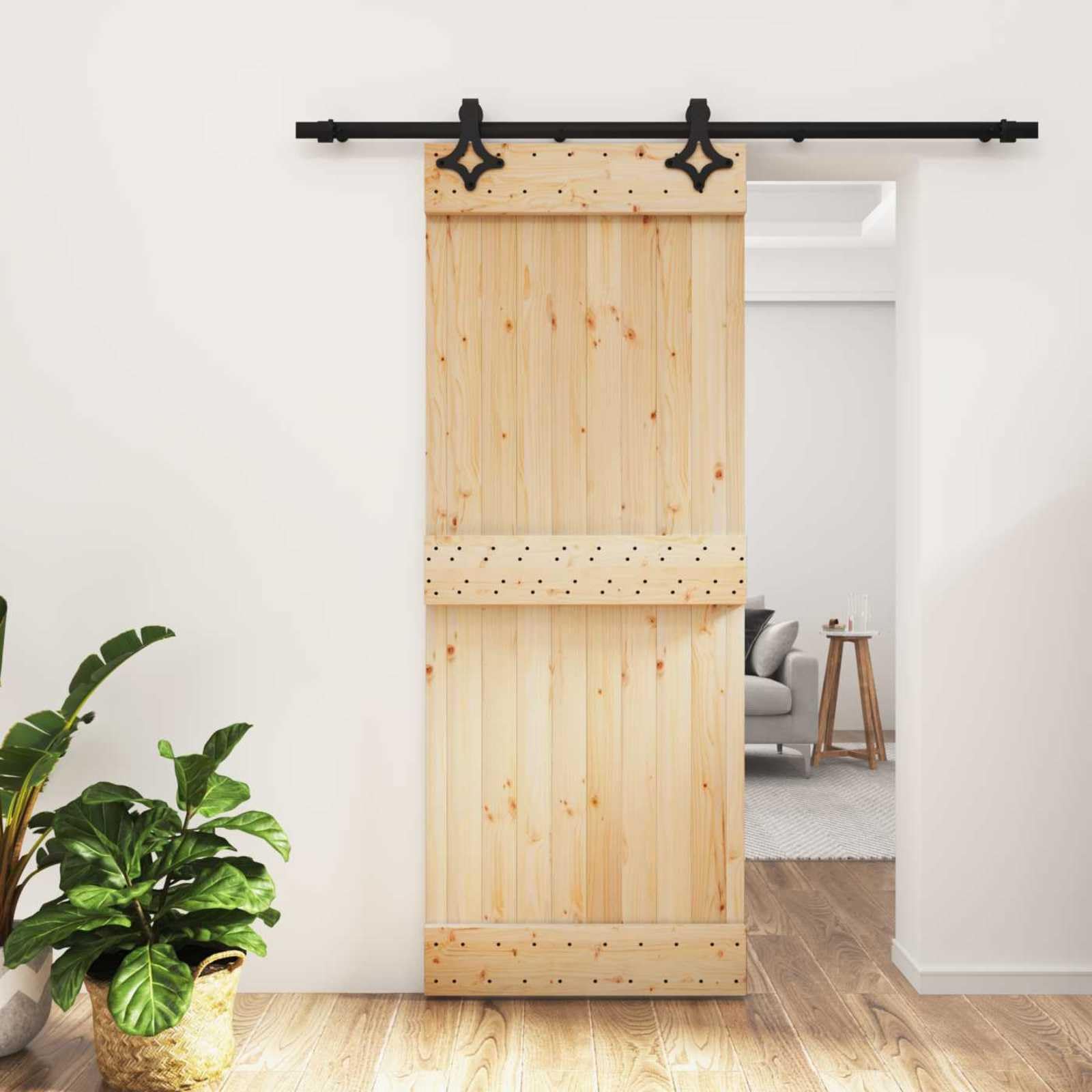 Puerta corredera de pino macizo natural y negro, 80 x 210 cm, puerta interior, puerta de madera con puerta de acero, ahorra espacio para apartamento, habitación y renovación