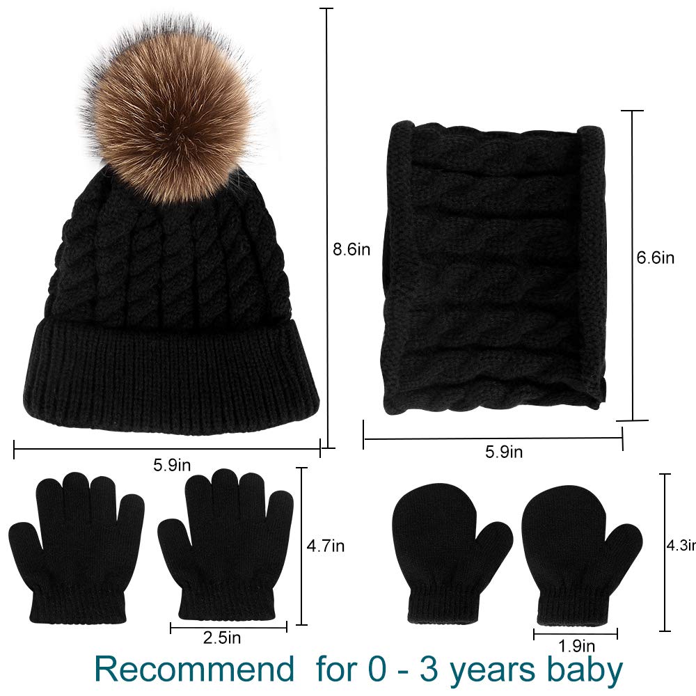 Hicdaw Juego de 6 gorros de invierno para niños pequeños, guantes de cuello para bebé, sombrero de invierno para niños y niñas, Negro -, talla única