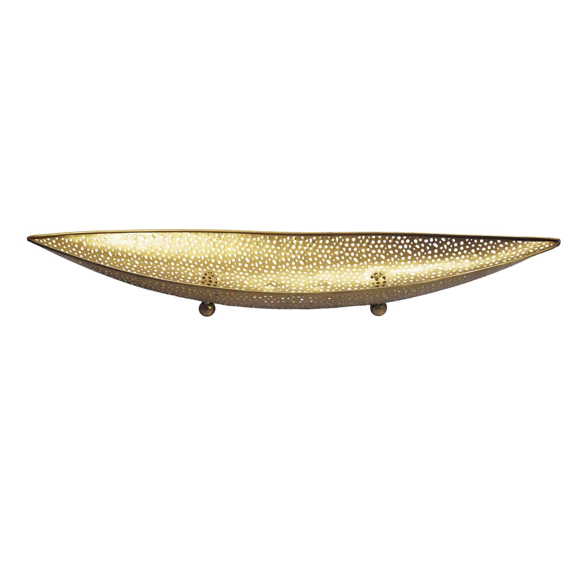 FineBuy Misa na owoce 60 x 16 x 9 cm Aluminium Złota Ręcznie robiona | długi kosz na owoce w kształcie łodzi, ręcznie robiony metalowy kosz na owoce, ażurowa misa na kredens, dekoracja stołu do ku