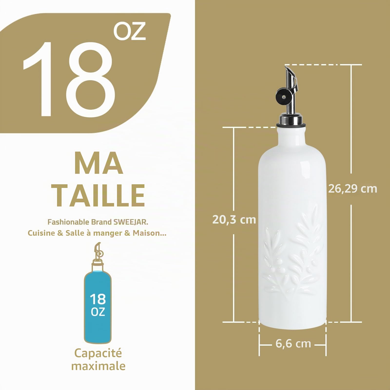 Sweejar Home Bouteille de 530 ml pour huile de cuisine avec bec à gravité, distributeur d'huile d'olive en céramique, récipient opaque en relief pour huile d'olive extra vierge, vinaigre, sauce soja