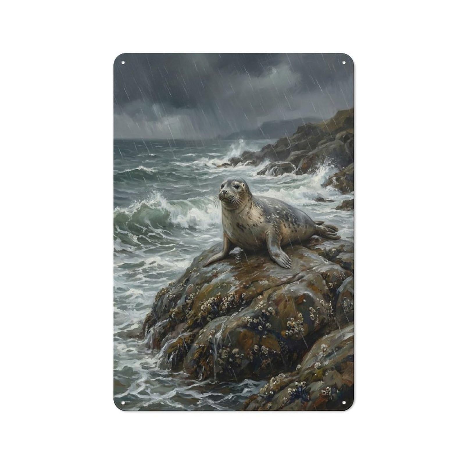 Junmoney Style-6 Metal Plaque With Seal On Rocky Coast In Rain Design 30X20cm, Retro Kitchen Wall Decor For Bakery, Diner, Cafe Or Family Room