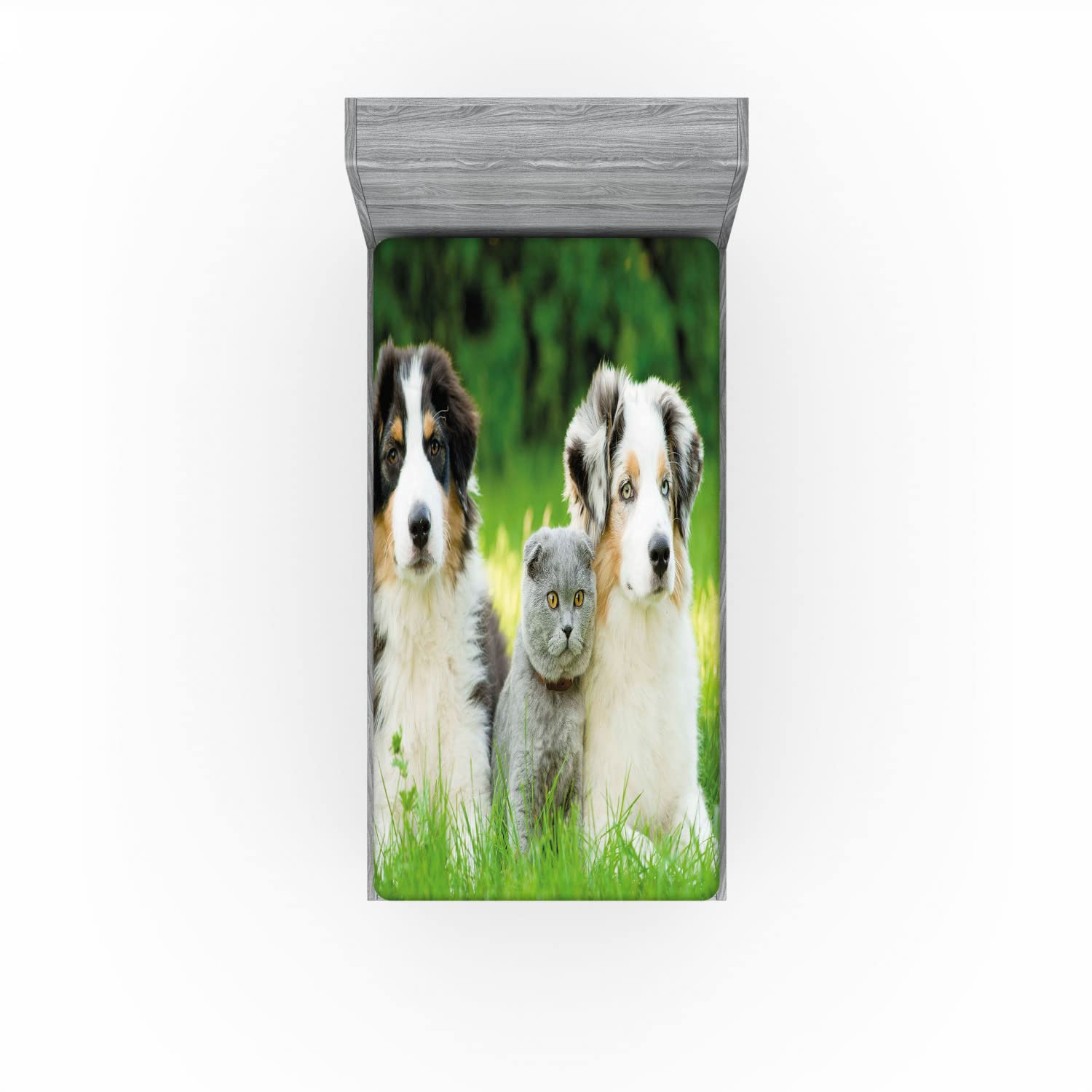 Ambesonne Dog 2 Pack Fitted Sheet, Puppy Family in Garden, Bed Cover All-Round Elastic Deep Pockets 2 Pieces, Package Contains 2 Twin Size Fitted Sheets, Fern Green