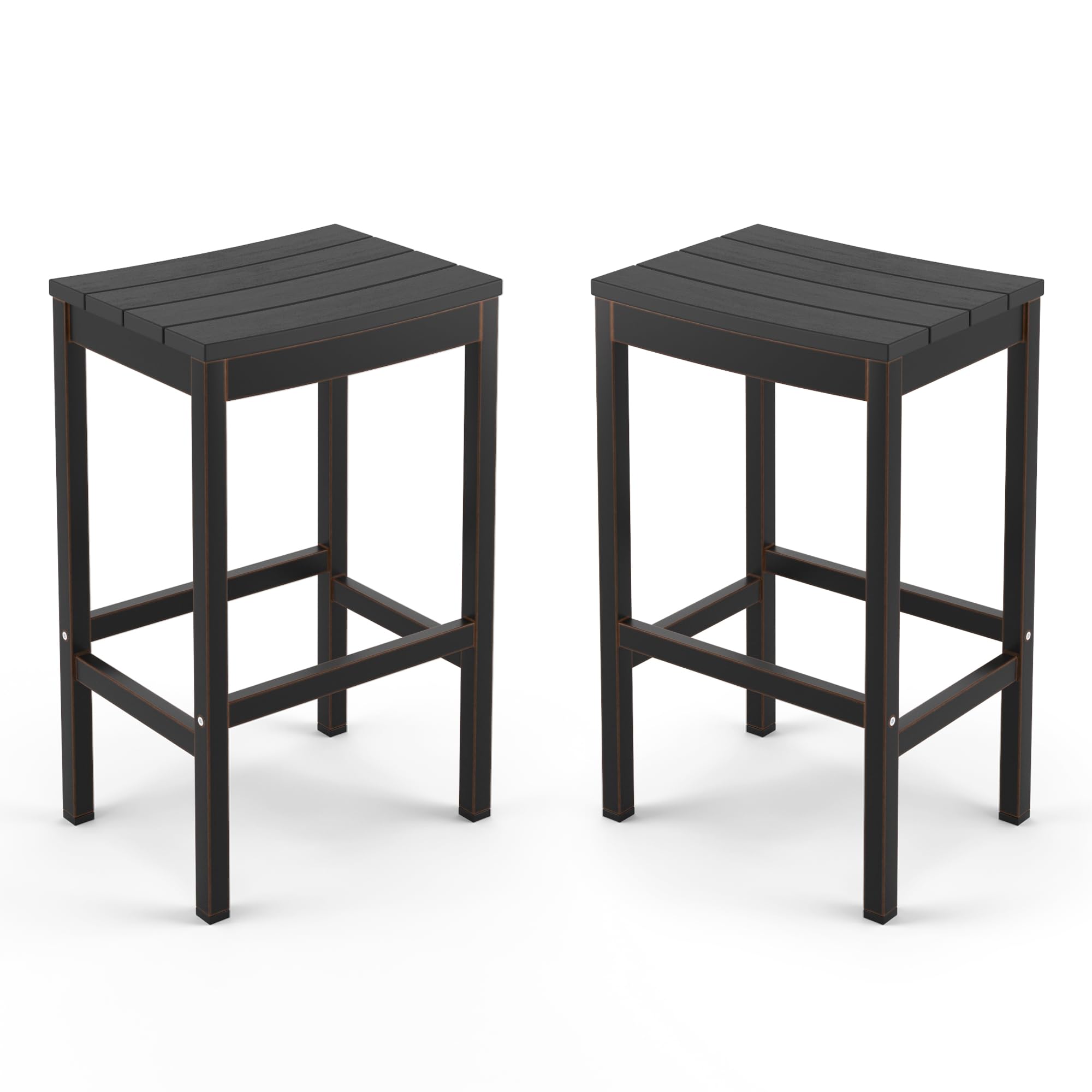 Cozyman Outdoor Bar Stools Set of 2, 26 Inch Black HDPS Top and Bronze Leg Patio Counter Height Barstools with Footrest, Aluminum Bar Stool Chairs for