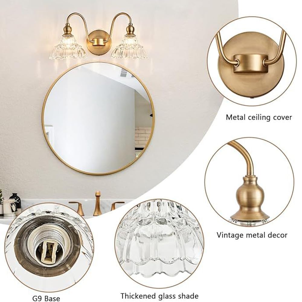 Mengjay Wandleuchte Gold Innen,Spiegelleuchte Bad Spiegellampe Vintage G9 Wandlampe 2 Flamming mit Glasschirm, Retro Metall Badezimmer Lampe Wand Modern Wandbeleuchtung (Gold, 2 Flammig)