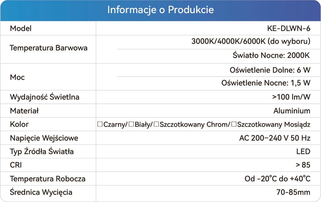KEELED Wbudowany reflektor LED z lampką nocną, 6W, 3 temperatury barwowe do wyboru 3000K/4000K/6000K, 230V, wycięcie 70-85mm, zestaw 8 szt