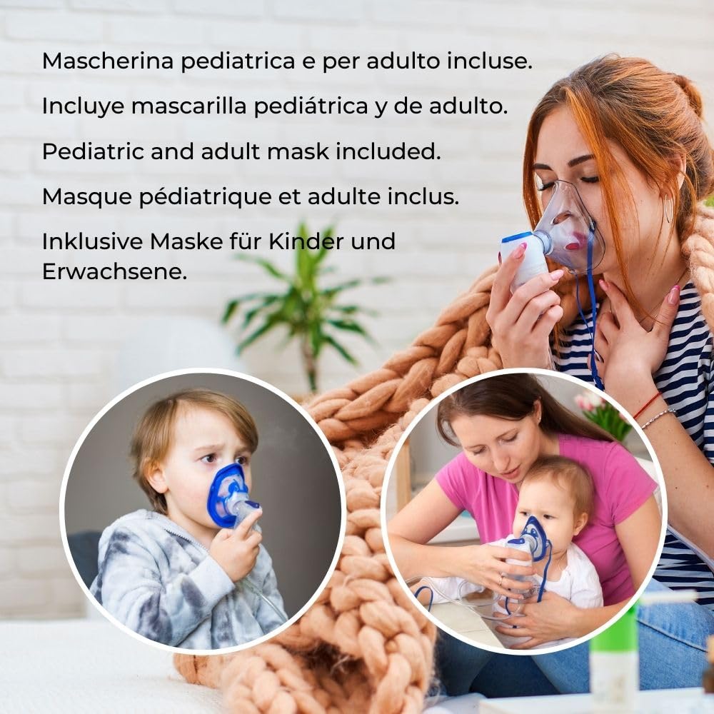 Nuvita 5020A Aerosol Portable - Inhalateur Nasal pour Bebe, Enfant et Adulte - Masque Enfant Inclus - Nébuliseur Ultra Silencieux. Compatible Également avec Médicaments Huileux - Fabriqué en Italie
