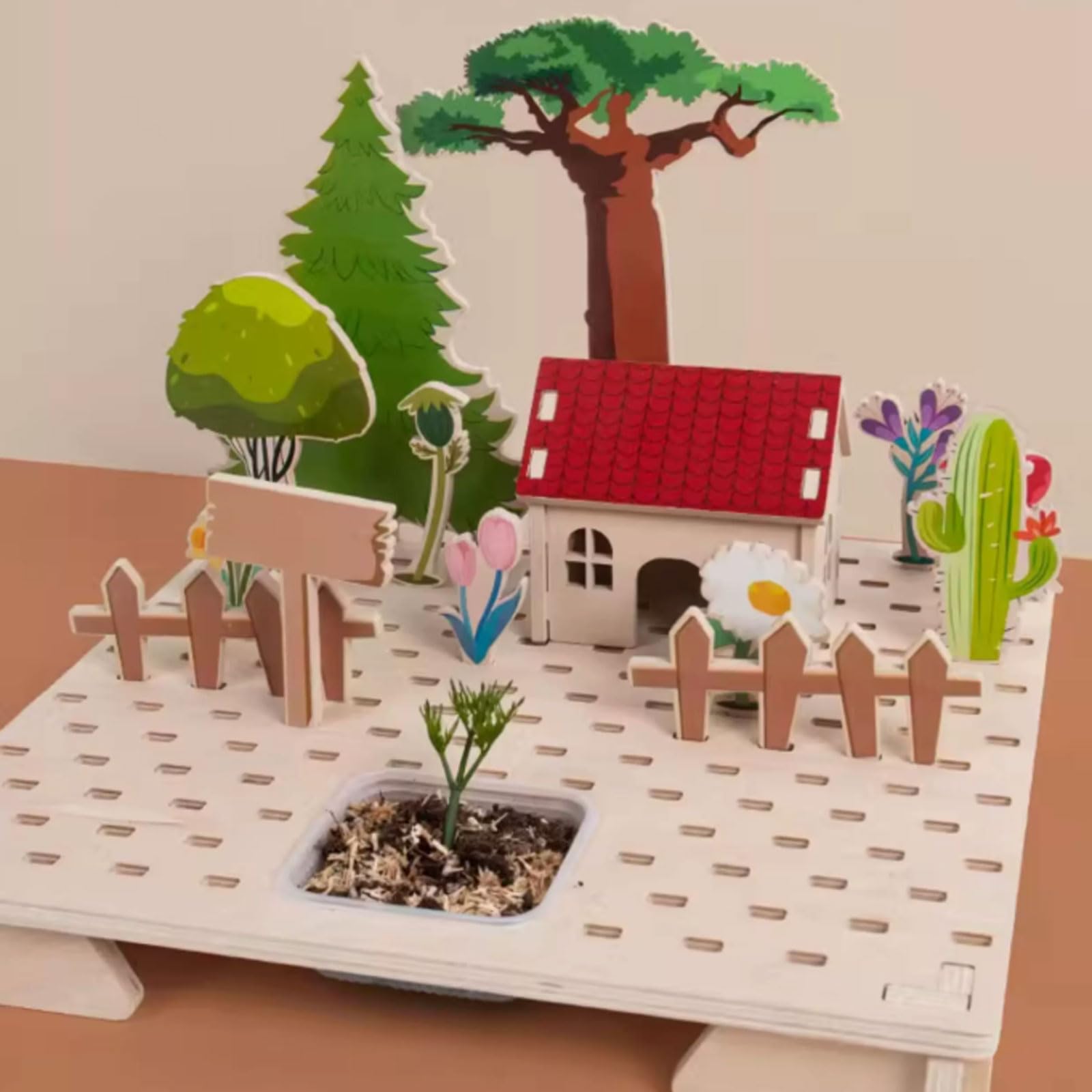 Kit di Puzzle 3D in Legno Fai-da-Te Cortile Montessori | Gioiello di Osservazione della Crescita delle Piante per Bambini, Set di Gioco Creativo Costruisci il Tuo Giardino