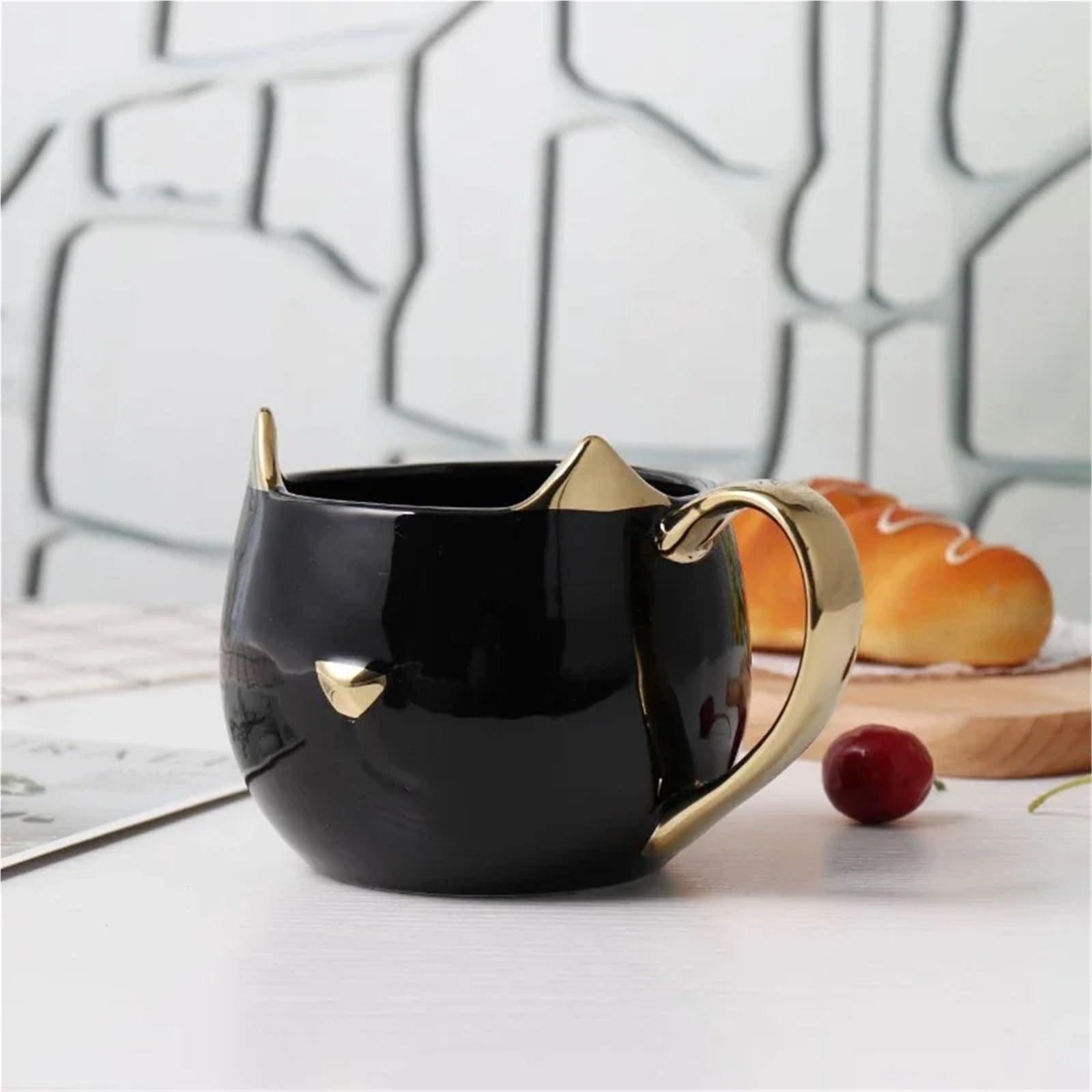Taza de cerámica con orejas de gato, tazas de café chapadas en oro con asa, taza de avena y leche for desayuno, parejas Para Boda(Black)