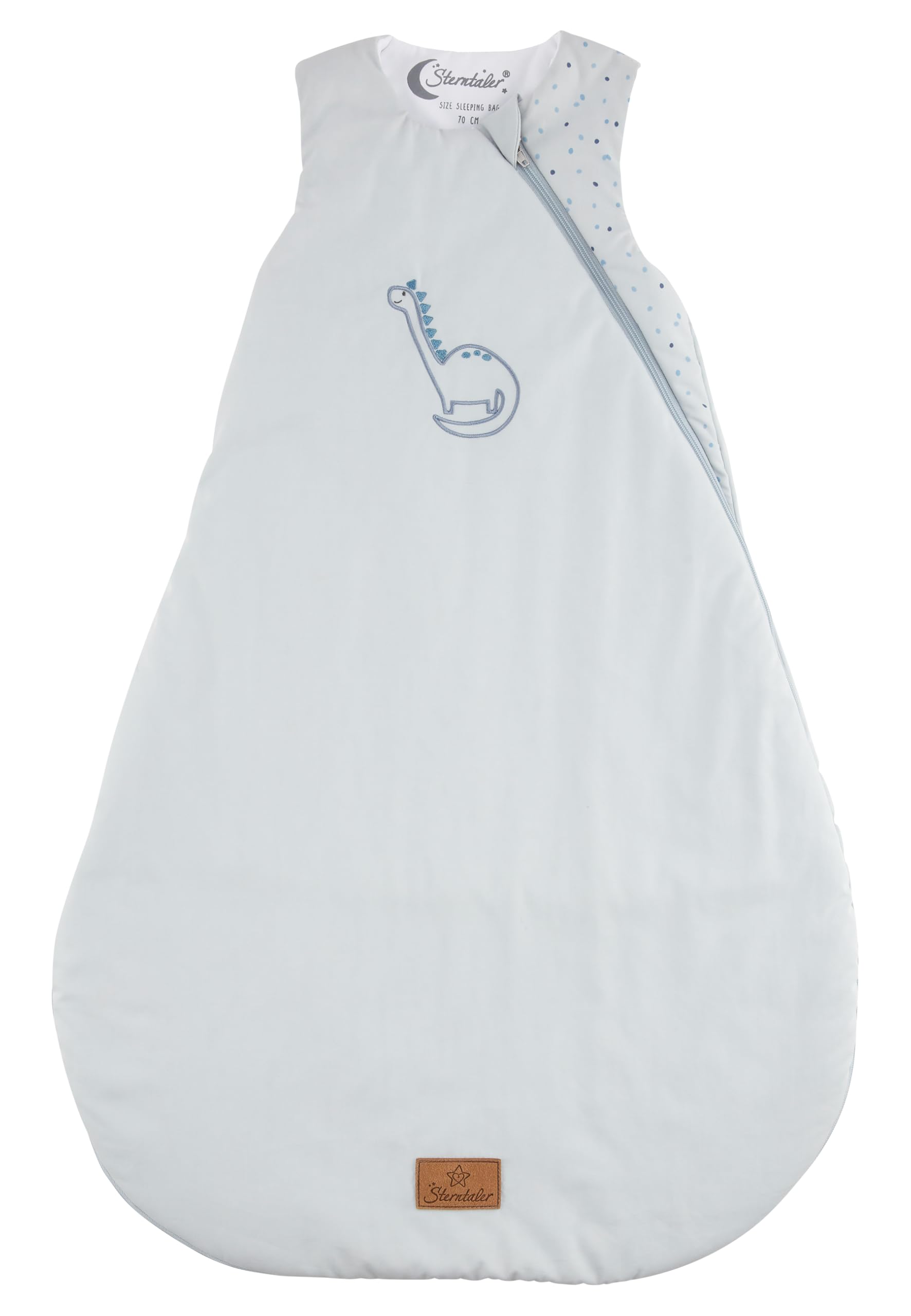 Sterntaler Schlafsack 90 cm Dino Rexi - Kinder und Baby Schlafsack aus gemustertem Polycotton mit feuchtigkeitsregulierendem Futter, wattiert, seitliche Kabelöffnung, TOG 1,5 - graublau