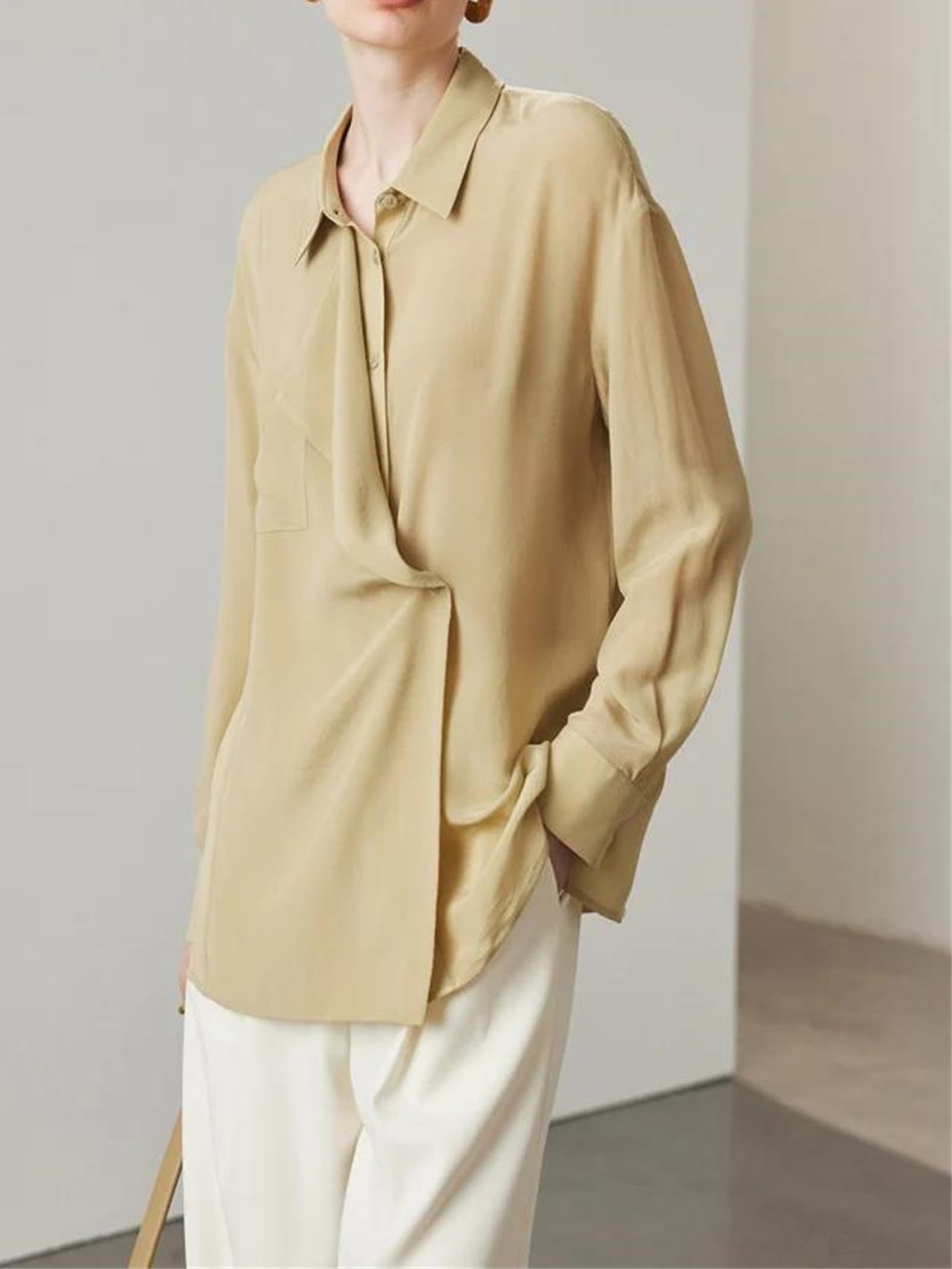 Blusa de seda lisa para mujer, cuello abatible, elegante, informal, con botones, de seda
