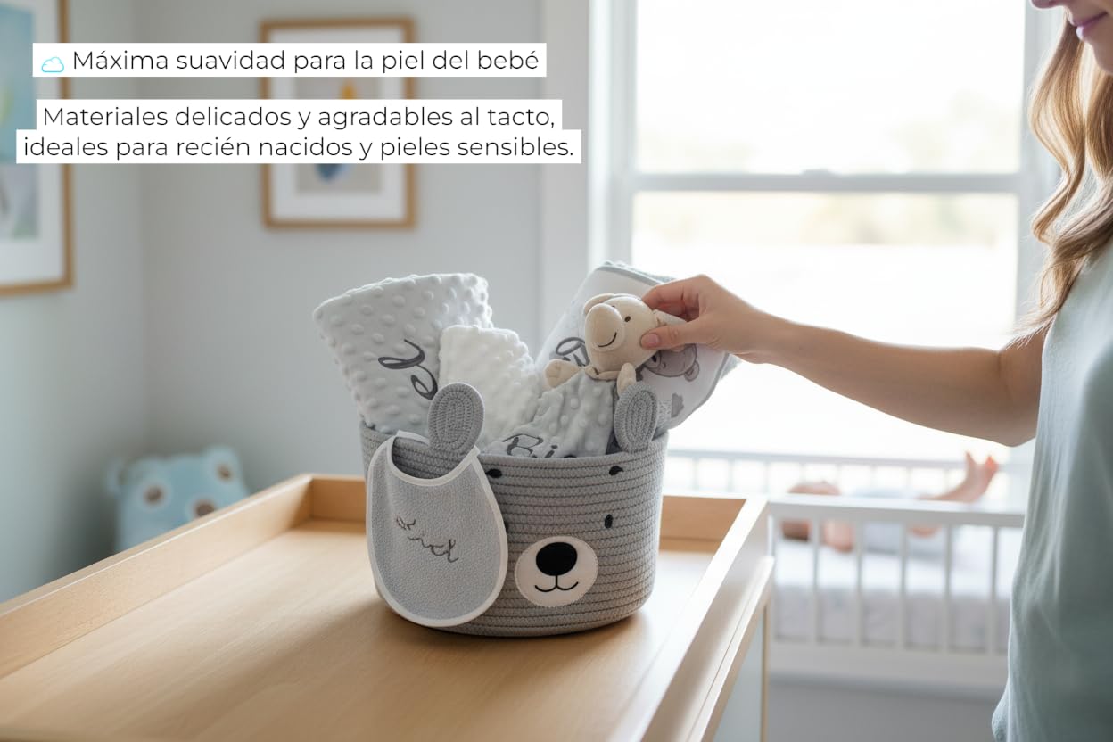 Danielstore Canastilla Bebé Personalizada | Set Regalo para Recién Nacido, 50% algodón 50% poliéster | Incluye manta, dou dou, toalla baño, babero Cat gris