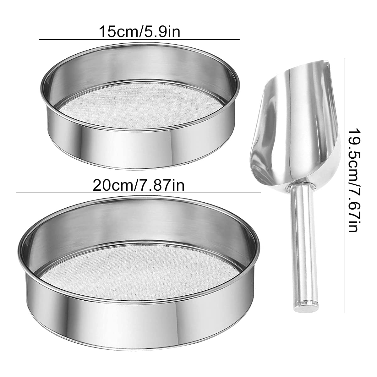Lot de 2 passoires à Farine avec Une cuillère à Farine Fine en Acier Inoxydable argenté Netto Tamis à Farine Tamis à pâtisserie en Forme de Poudre 40 Mailles (15 cm + 20 cm)