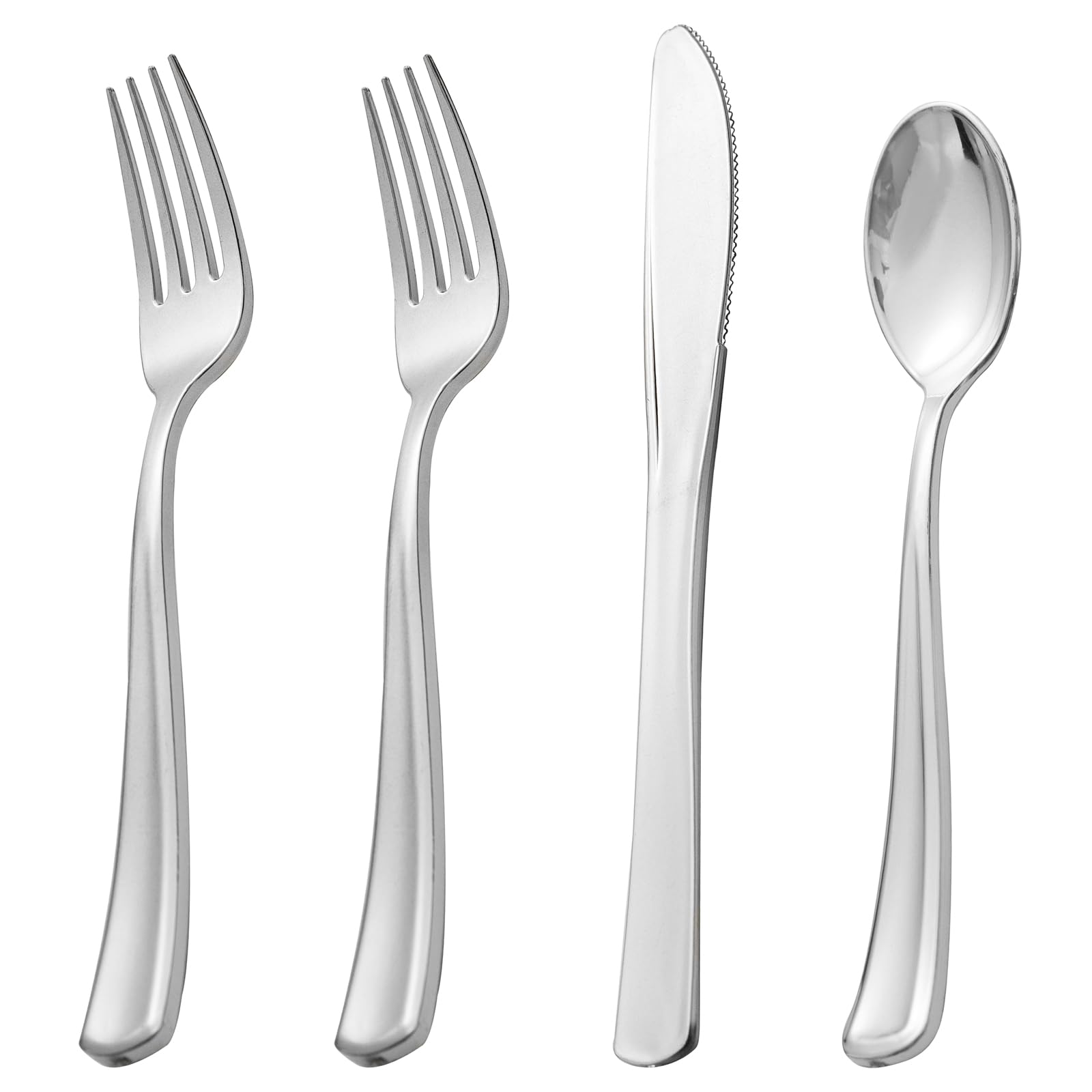 Nervure 300 Pack Silver Plastic Silverware - Disposable Silver Plastic Cutlery Set - Heavy Duty Plastic Silverware Include 150 Forks, 75 Knives, 75 Spoons Perfect for Parties, Dinners & Weddings