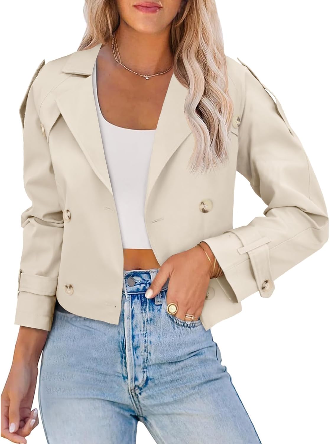 Imily Bela Womens Lapel Trench Coat Double Breasted Cropped Jacket Casual Outwear with Belt