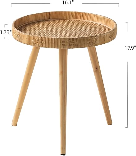 Miniatura 3 de Mesa auxiliar redonda de ratán para espacios pequeños, mesa auxiliar circular bohemia con patas de madera maciza para sala de estar, dormitorio,
