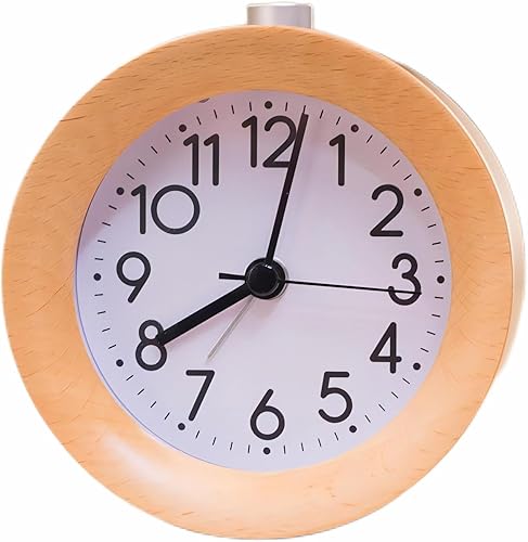 Lancoon Reloj despertador analógico de madera, redondo sin tictac, silencioso con números arábigos, luz nocturna, función de repetición, funciona
