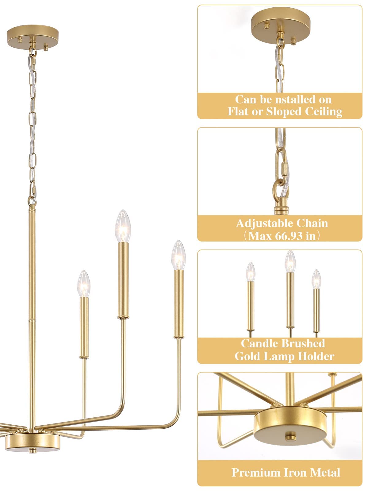 Goldene Kronleuchter-Leuchten, Decke, 6 Lichter, Hängender Moderner Bauernhaus-Kronleuchter Für Esszimmer, Kerze, Goldene Pendelleuchte Für Kücheninsel, Wohnzimmer, Foyer, Schlafzimmer