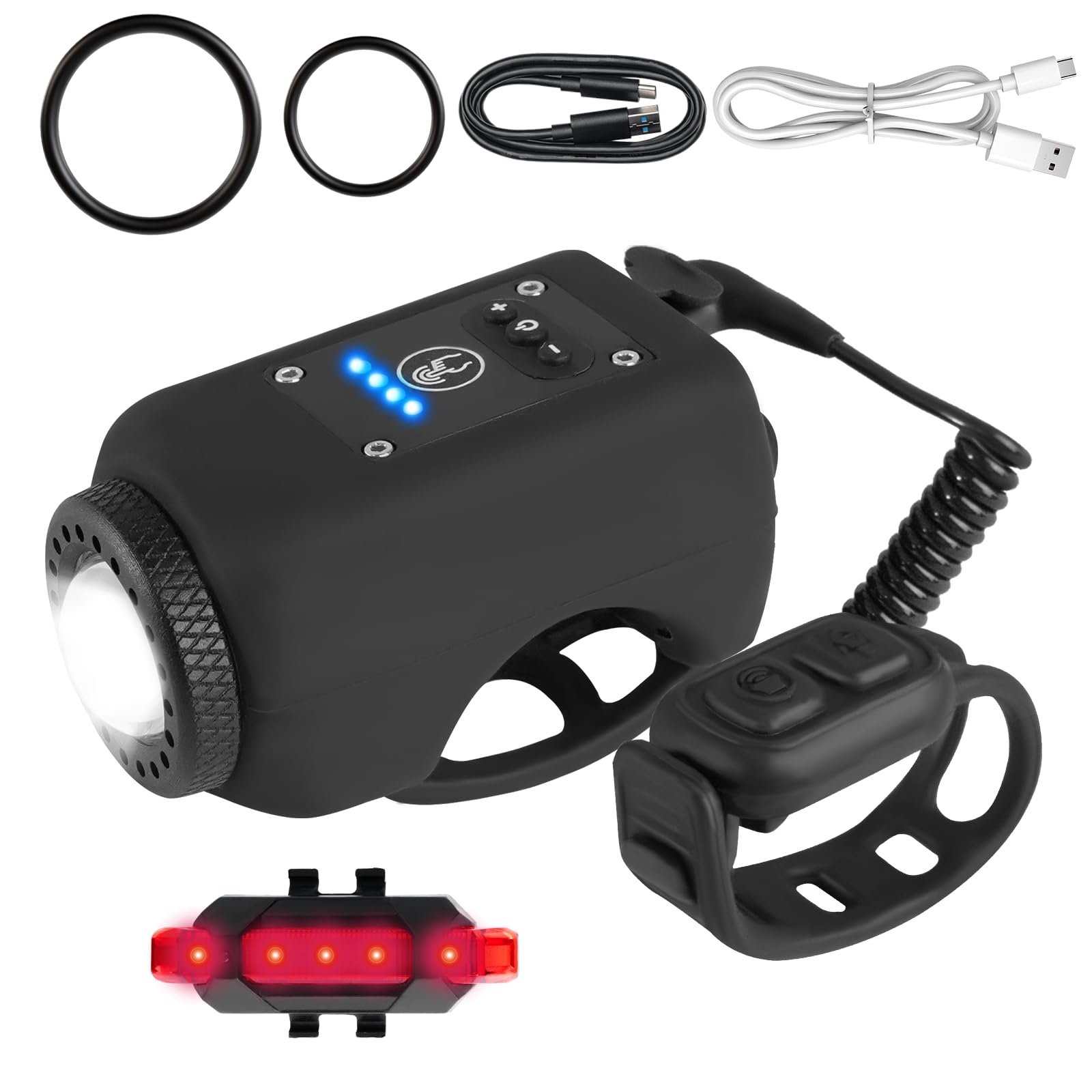 Bike Horn with Light, 110 dB Bike Lights for Night Riding, 4 Light Modes + 5 Sound Modes, IPX5 Waterproof & USB Rechargeable Bike Headlight and Tail Light Set