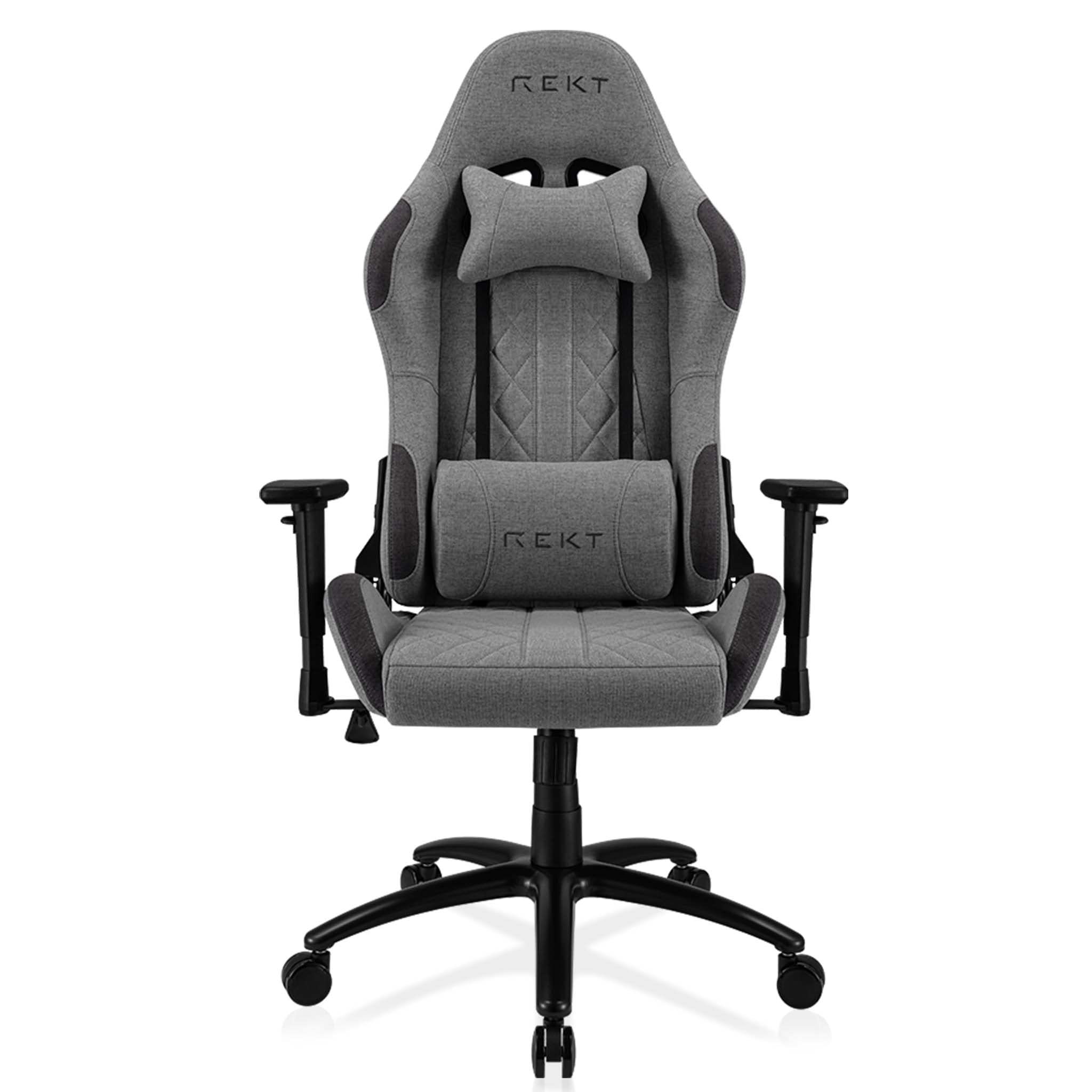 REKT ULTIM8-​RS - Chaise Gaming en Tissu Premium - Inclinable à 160 ° - Accoudoirs 3D - Coussin Ajustable pour La Nuque - Coussin Lombaire - Chaise de Bureau Supporte 150 Kg (Gris foncé)