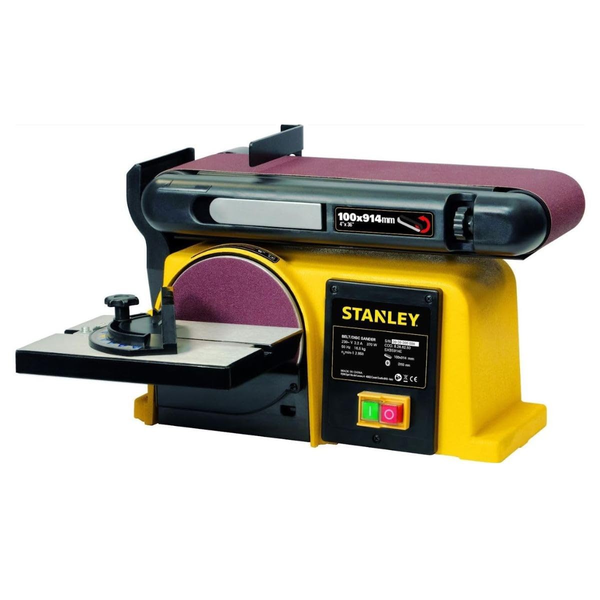 STANLEY - Ponceuse d'établi à bande et à disque SXGBL150E, moteur 370W induction silencieux, base en fonte stable, aspiration intégrée, pour ponçage bois et métal, bras réglable.