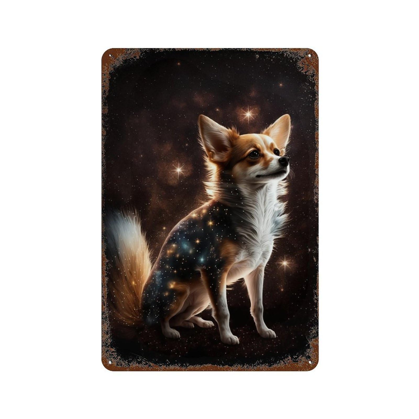 Galactic Pup Cosmic Companion 11.8"x7.9" Weathered Tin Sign, Rustic Home Decor for Living Room, Hallway And Home Decor