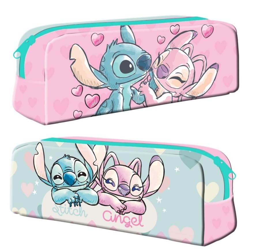 TDL Stitch & Angel Pencil Case Cute Pink Zipped School Supply Pouch for Kids Stationery Organiser