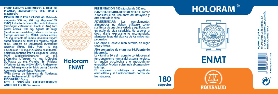 HOLORAM ENMT Equisalud 180 Cápsulas | Con PEA, MSM, Magnesio y Vitamina B6 | Funcionamiento Normal del Sistema Nervioso y Metabolismo Energético | Formato Ahorro