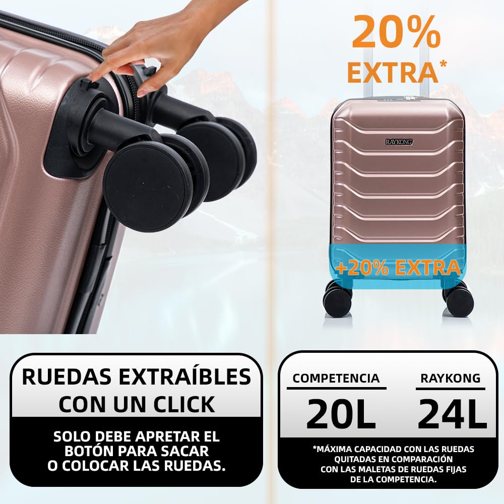Maleta de Cabina ABS 40x30x20(24L)|Capacidad Maxima| Equipaje de Mano con Ruedas Desmontables para Ryanair | Vueling | EasyJet - RosaDorada - 3