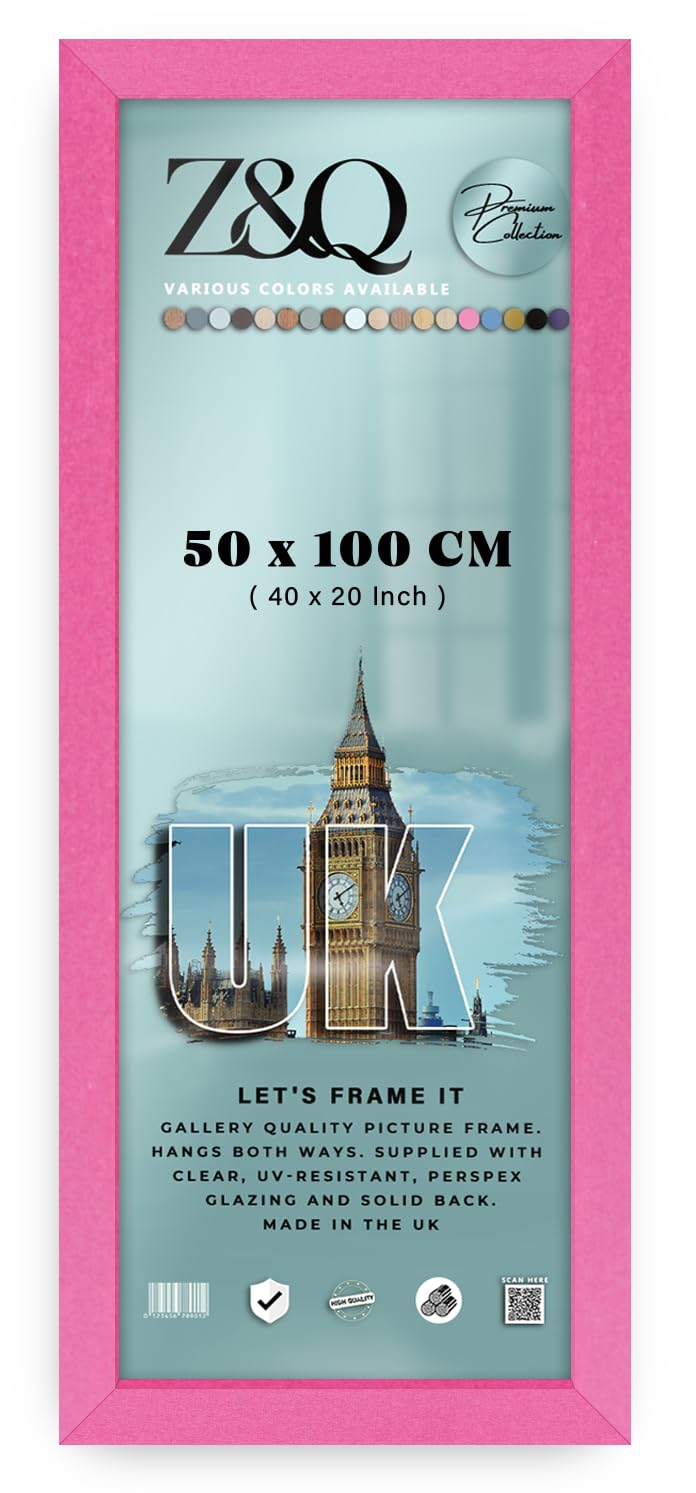 Z&Q | Vintage MDF Picture Frame (50 x 100 CM) Classic Wooden Wall Mount, Artistic Poster Holder $_SizeINCH_Reverse_Quitation_$ & Stylish, 500 x 1000 mm [ Pink ]