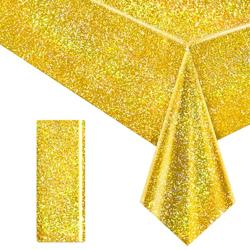 Image of Just Shimmer 1 Pack Gold Holographic Tablecloth 40 x 108, Shiny Laser Iridescent Disposable Plastic Rectangle Table Cover for Birthday, Graduation, Wedding, New Year Christmas Party Decorations