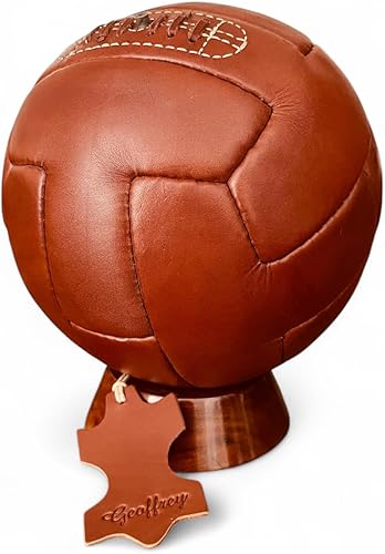 Miniatura 7 de Geoffrey Balón de fútbol vintage con panel T, 100% piel de vaca con base de madera, tamaño 5, fútbol retro cosido a mano (marrón antiguo y bronceado)