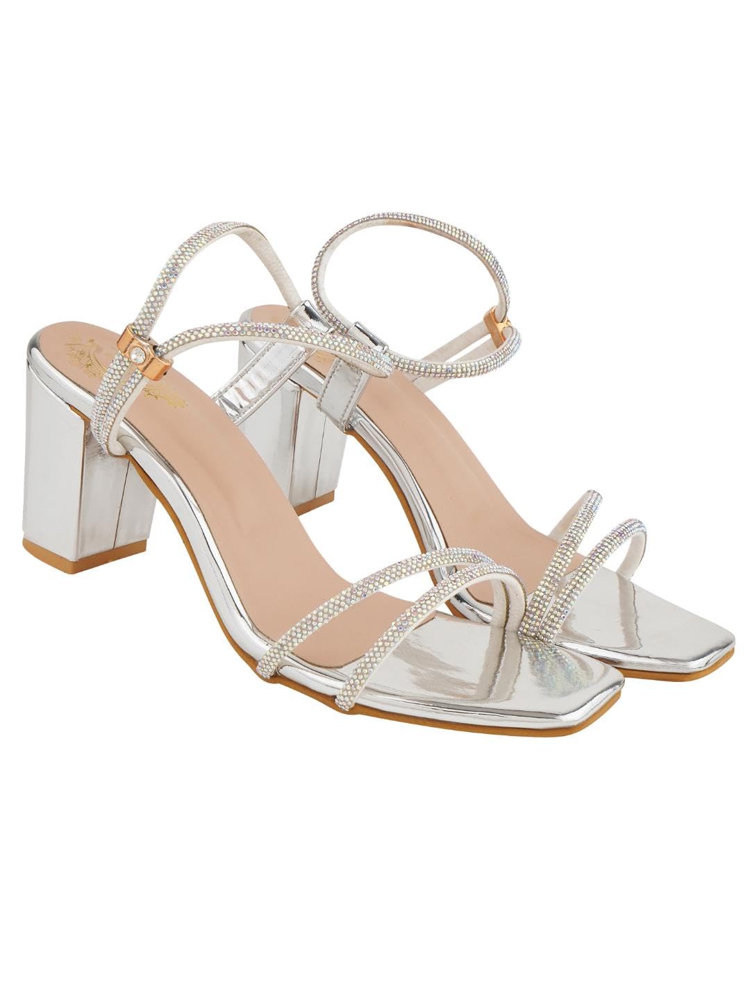 Stylish Strappy Block Silver Heels for Women – Open Toe Ankle Strap Sandals, Perfect for Parties, Weddings & Night Out Comfortable & Stylish EU40-image-1