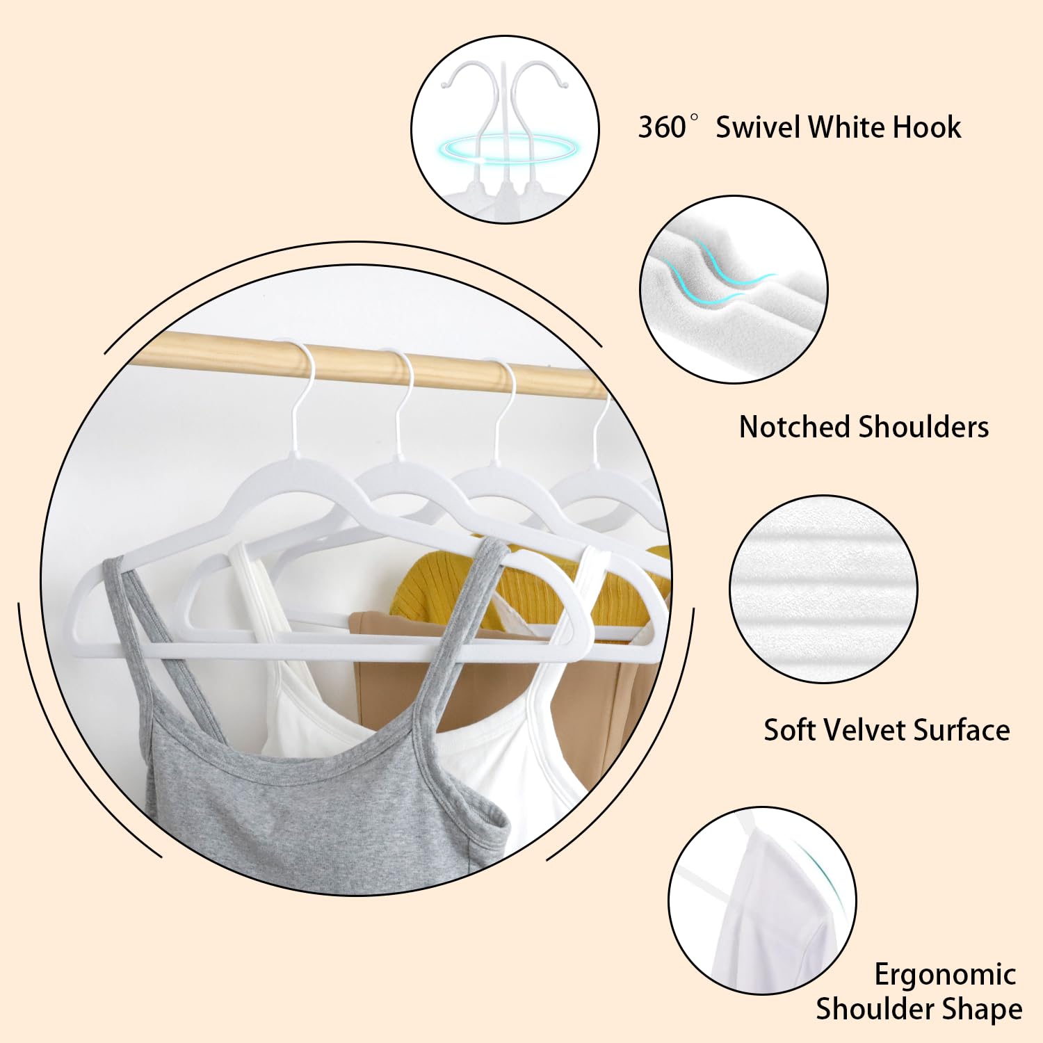 ManGotree Lot de 22 cintres en velours blanc avec crochet pivotant à 360° - Cintres antidérapants en feutre pour costumes, vestes, pulls, chemises, robes, pantalons