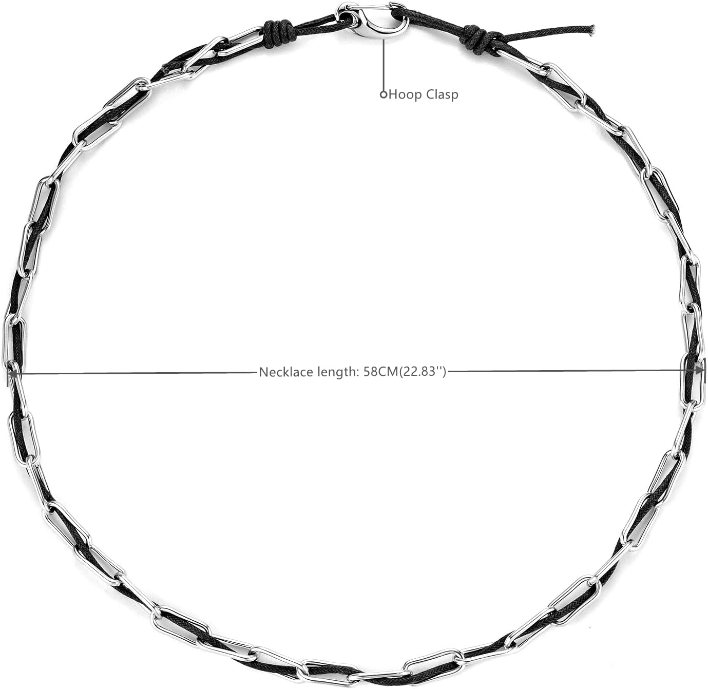 Mens Paperclip Link Chain and Cotton String Necklace, Stainless Steel Chain interwoven with Navy Blue Cotton String Choker Necklace - Image 2