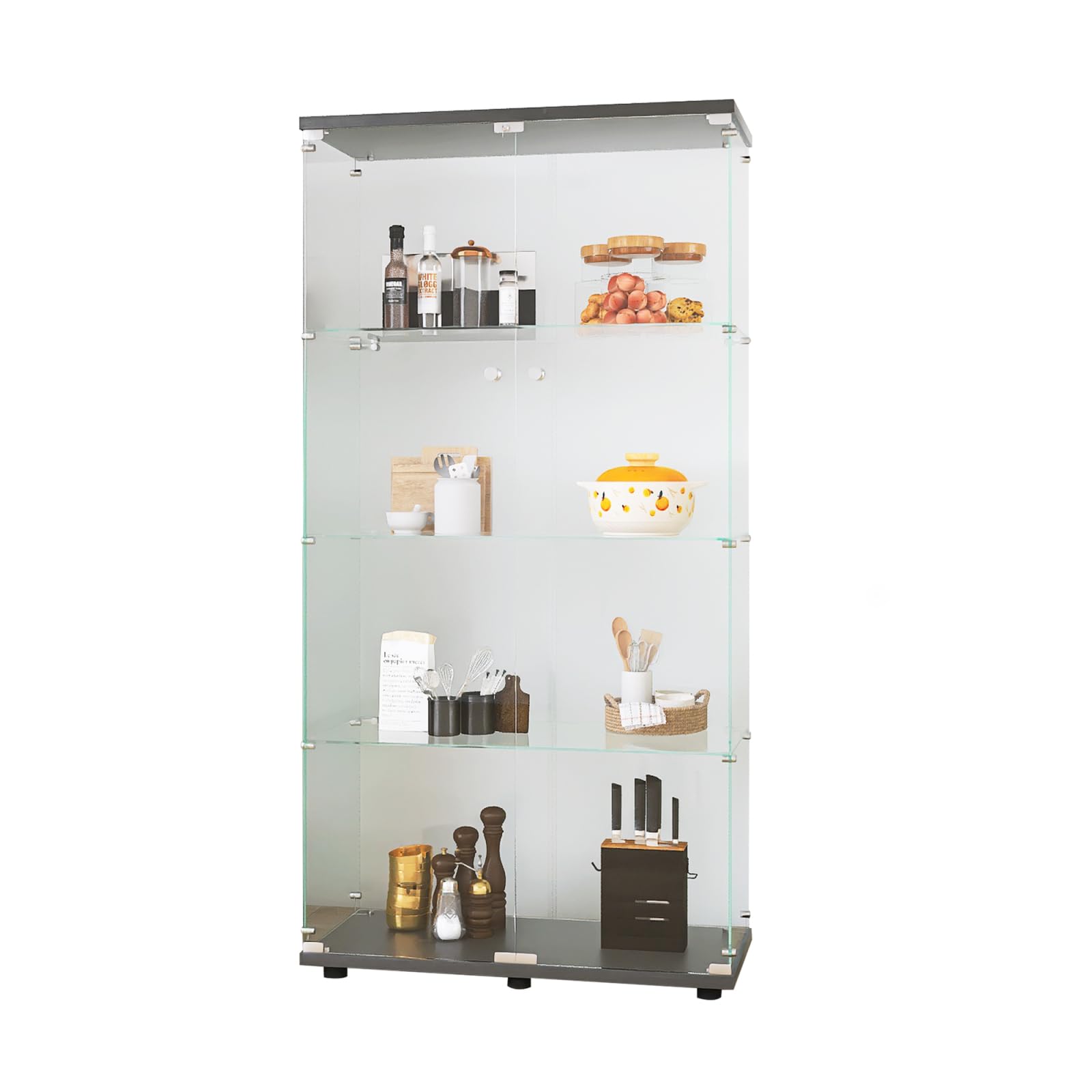 Vitrine en verre debout avec 2 portes, 4 étagères, avec éclairage LED et serrure, pour objets de collection, livres, vin, pour salon, chambre à coucher, bar, cuisine (noir + LED)