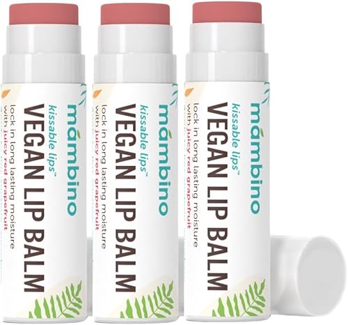 Mambino Organics Kissable Lips - Bálsamo labial vegano brillante, pomelo rojo jugoso, 7 G, paquete de 3