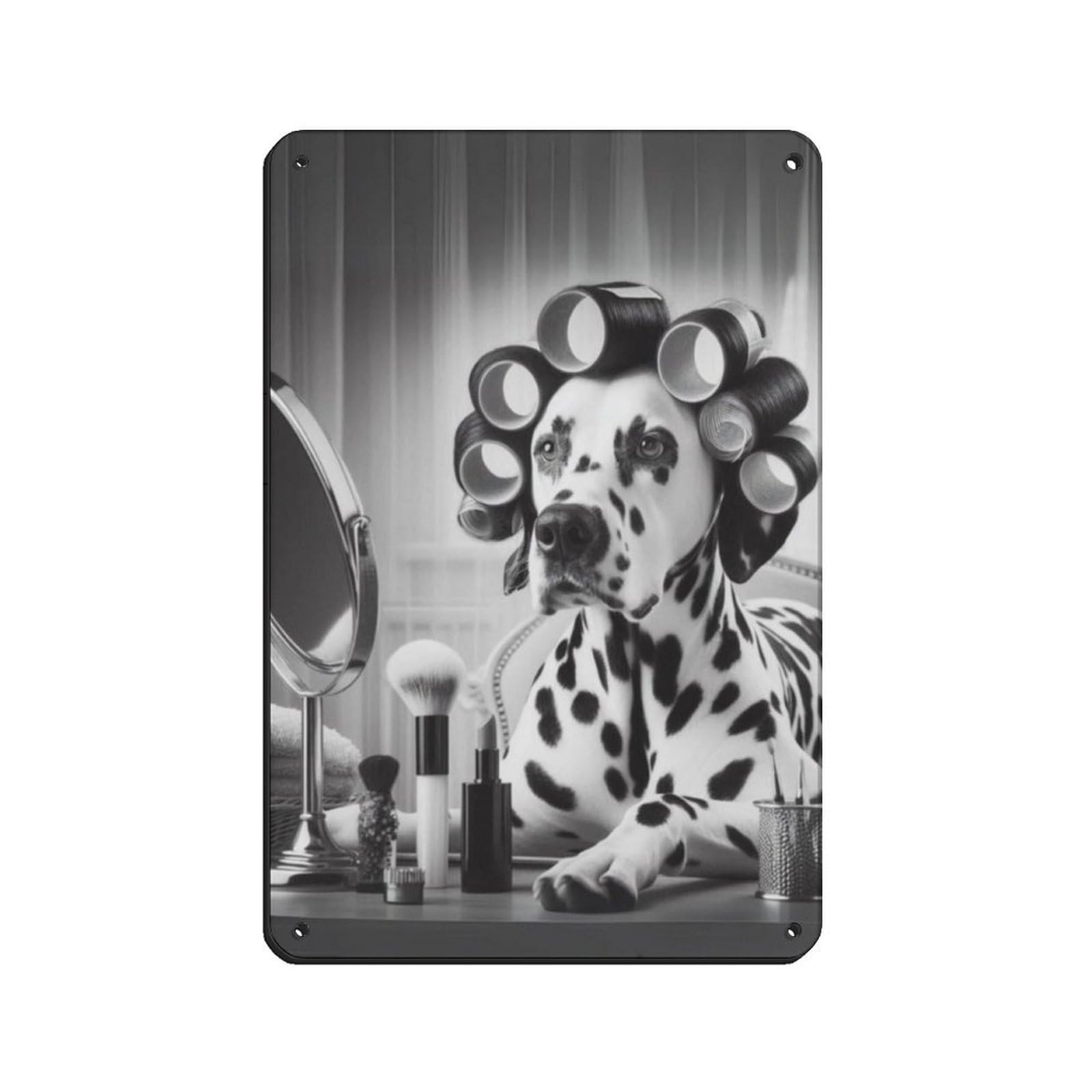 Dalmatian in Rollers in Powder Room Decor Retro Poster Metal Tin Sign Chic Art Retro Iron Painting Bar People Cave Cafe Family Garage Poster Wall Decoration 8x12inch(20x30cm)