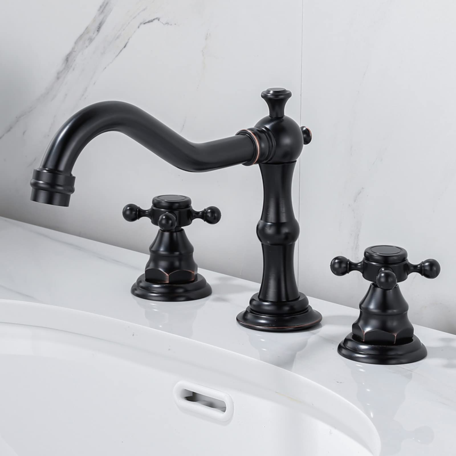 FQWNCIEG Basin Mixer Tap Bathroom Sink Taps 3 Hole Taps for Bathroom Basin, Two Handles Split Washbasin Tap Cold and Hot Water Brass-Black Lavatory Sink Faucet